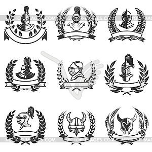 Set of emblems with knights helmets and swords. - vector image