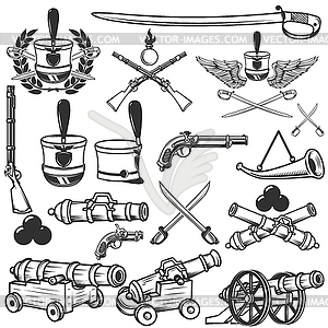 Old weapons, muskets, sabers, cannons, cores, hussa - vector image