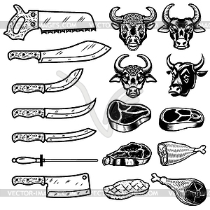 Set of butcher tools, beef, meat icons. Design - vector EPS clipart