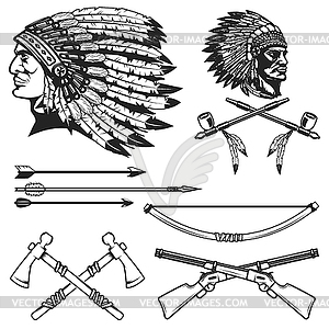 Set of native american indians chiefs heads. - vector image