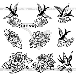 Set of tattoo templates with swallows and roses. Ol - royalty-free vector image