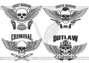 Outlaw, street warriors. Set of winged skulls with - vector clip art