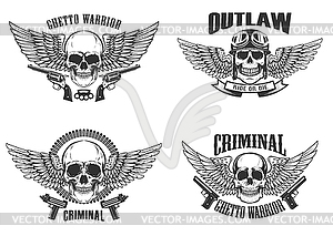 Set of winged skulls with weapon. Design elements - vector clipart