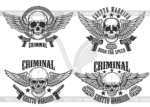Outlaw, street warriors. Set of winged skulls with - vector image