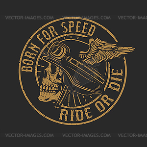 Racer skull in winged helmet on dark background. - vector clipart