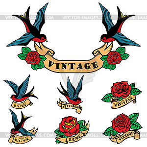 Set of tattoo templates with swallows and roses. Ol - vector clipart