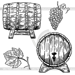 Set of wooden wine barrels. Grape, grape leaf. - vector EPS clipart