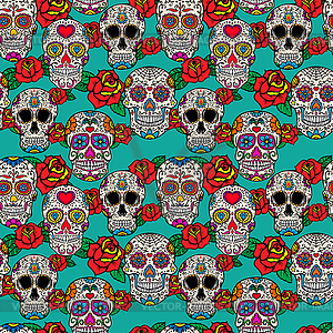 Seamless pattern with sugar skulls and roses. Dia d - vector clipart