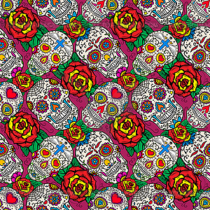 Seamless pattern with sugar skulls and roses. Dead - royalty-free vector image