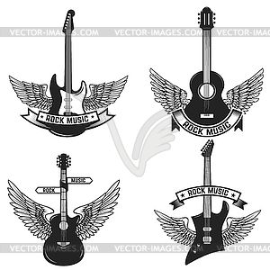 Set of labels with guitars and wings. Rock music. - vector clip art
