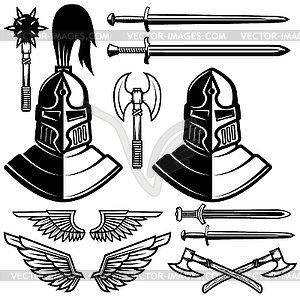 Knight helmets, swords, axes. Design elements for - vector clipart