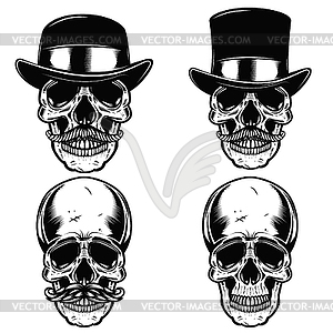 Set of skulls in vintage hats. Skull with moustache - vector EPS clipart