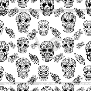 Seamless pattern with sugar skulls and roses. Dead - vector image