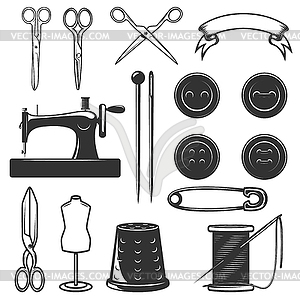Набор инструментов и элементов дизайна портного. Дизайн - векторный клипарт