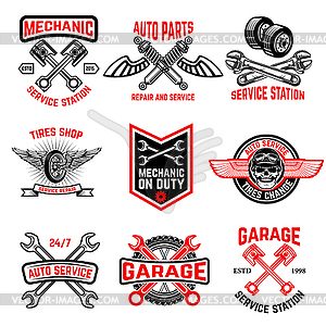 Set of auto service emblems. Auto parts, tires - vector clipart