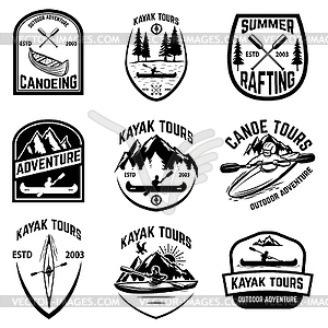 Set of canoeing badges . kayaking, canoe tours - vector image