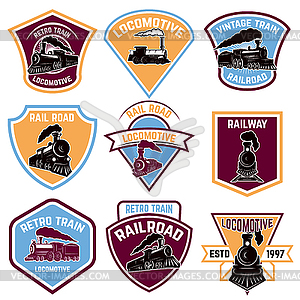 Set of emblems with vintage train. Retro rail road - vector clip art