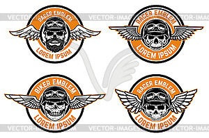 Racer emblems. Set of winged emblems with skulls. - vector image