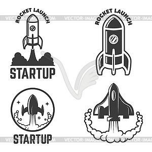 Set of emblems with rocket launch. Startup - vector clipart