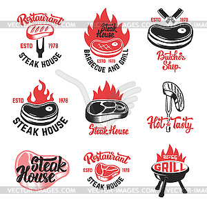 Set of steak house, butchery shop emblems with - vector image