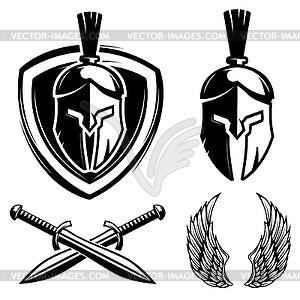Spartan helmet, shield, sword, wings - vector clipart