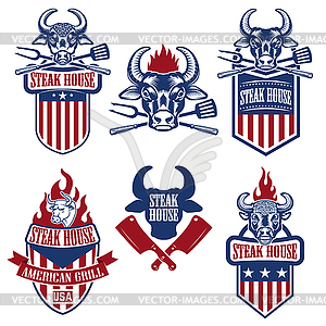 Steak house. Set of emblems with kitchen tools - vector clip art