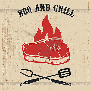 BBQ and grill. Poster with steak, fire, crossed for - vector image