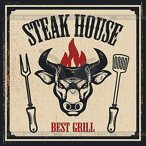 Steak house banner template. Bull head with fire - vector clipart