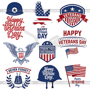 Set of Happy Veterans Day emblems. Emblems with - vector image