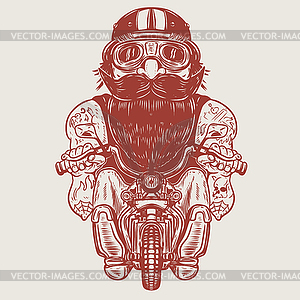 Funny biker caricature. Racer on little motorcycle - vector image
