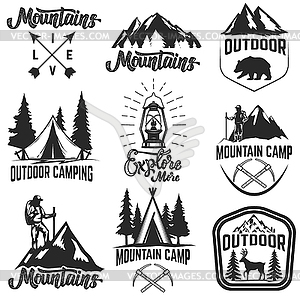 Set of mountain camp emblems. Outdoor - vector image