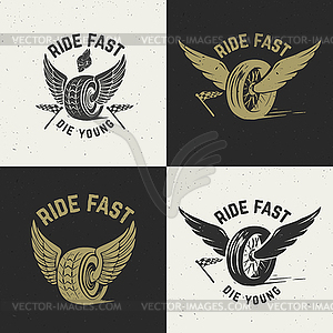 Ride fast die young. wheel with wings on grunge - vector image