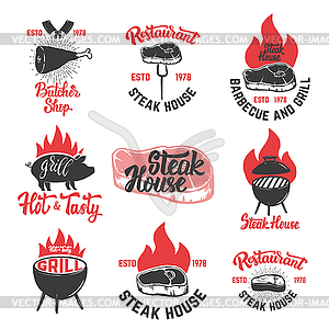 Set of vintage steak house emblems. Grilled steak - vector clipart
