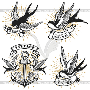 Set of vintage style tattoo with swallow birds, - vector image