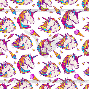 Seamless pattern with unicorn heads, stars, ice - vector clipart