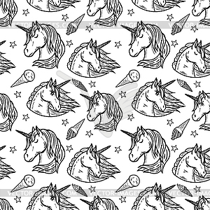 Seamless pattern with unicorn heads and ice cream - vector image