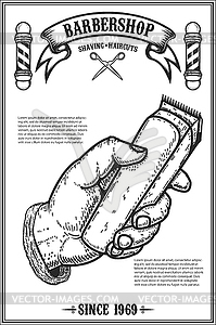 Barber shop poster template. Human hand with hair - vector image