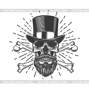 Bearded skull in vintage hat. Crossed bones. - vector clipart