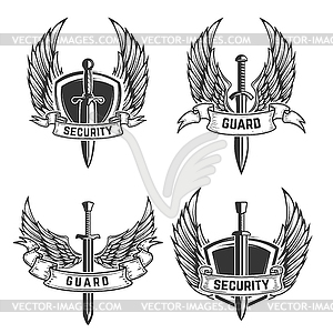 Set of security emblems with swords and wings. - vector clipart