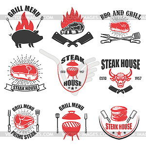 Set of steak house emblems. BBQ and grill - vector image