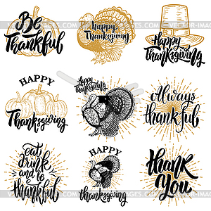 Set of happy thanksgiving badges. Turkey, pumpkin - vector clipart