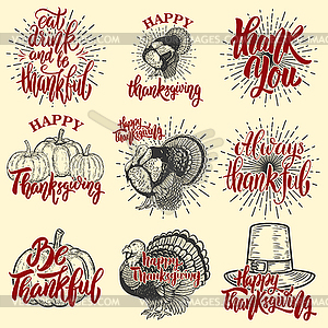 Set of happy thanksgiving badges. Turkey, pumpkin - color vector clipart