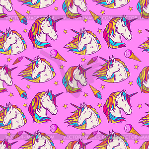 Seamless pattern with unicorn heads and ice cream - vector clipart