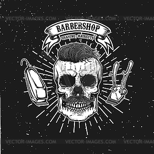 Barbershop emblem template. Hipster skull with - white & black vector clipart