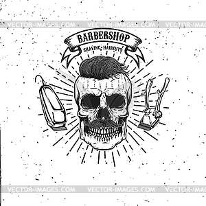 Barbershop emblem template. Hipster skull with - vector clip art