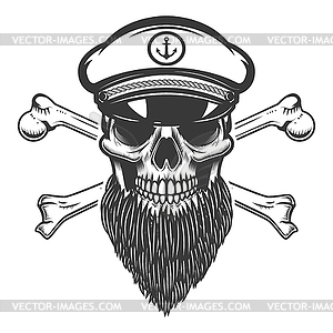 Bearded sea captain skull with crossbones. Design - vector clipart