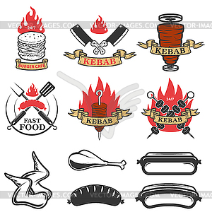 Set of fast food emblems and design elements. - vector image