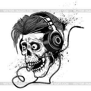 Skull with headphones on grunge background. Design - vector clipart