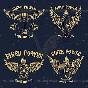 Набор старинных мотоциклетных эмблем. Крылатый поршень, - рисунок в векторе