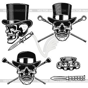 Set of gentleman skull in vintage hats. Design - vector image
